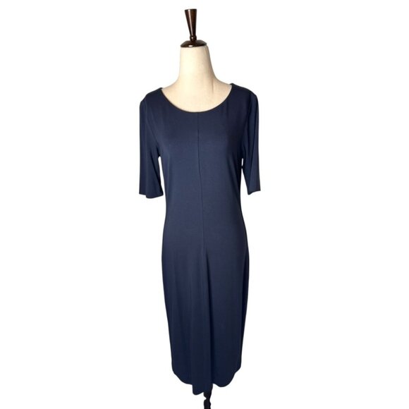 Diane Von Furstenberg Dress Women Medium Navy Blue Half Sleeve Knit Midi Sheath‎ - Picture 1 of 7